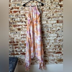 Promesa x Vici Asymmetrical Tie-Dye Dress in Orange and Purple